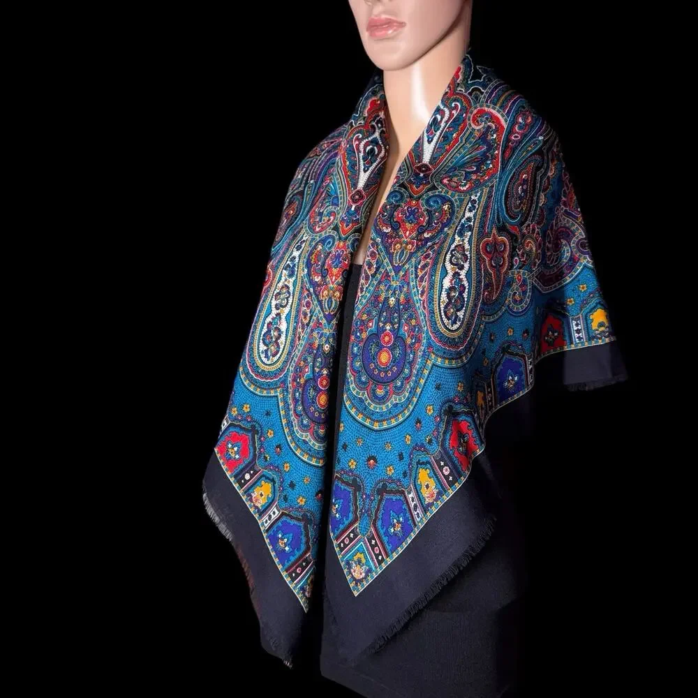 Vtg Womens Wool Square Scarf Blue Black Fringe Wrap 38x38 Alexon Paisley Vibrant